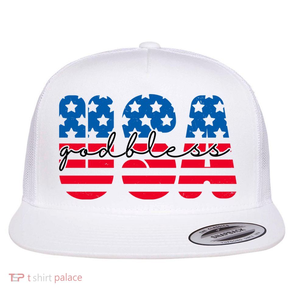 USA God Bless Patriot Celebration Flat Bill Trucker Hat