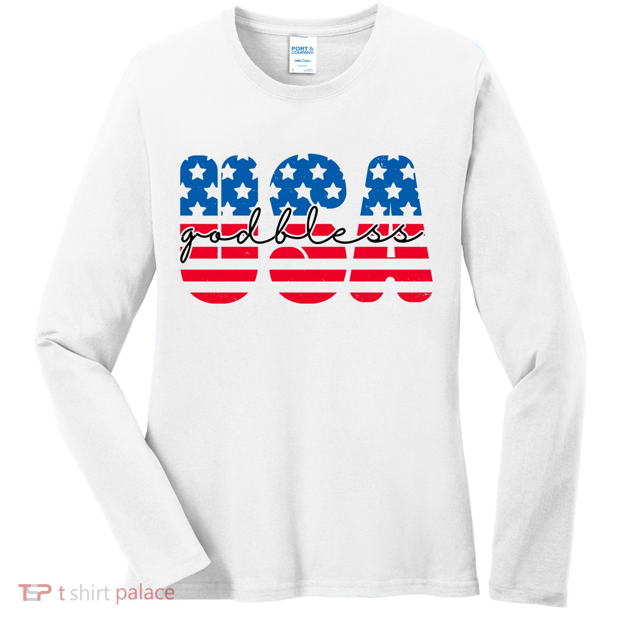 USA God Bless Patriot Celebration Ladies Long Sleeve Shirt