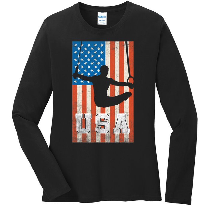 Usa Gymnast Gymnastics Team Athlete American Flag Ladies Long Sleeve Shirt