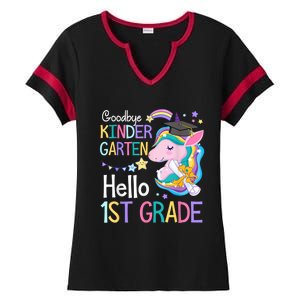 Unicorn Girl Goodbye Kindergarten Hello 1st Grade Graduation Ladies Halftime Notch Neck Tee