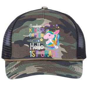 Unicorn Girl Goodbye Kindergarten Hello 1st Grade Graduation Retro Rope Trucker Hat Cap