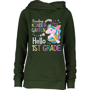 Unicorn Girl Goodbye Kindergarten Hello 1st Grade Graduation Womens Funnel Neck Pullover Hood