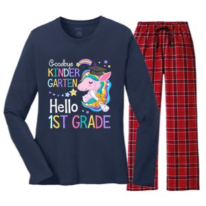 Unicorn Girl Goodbye Kindergarten Hello 1st Grade Graduation Women's Long Sleeve Flannel Pajama Set 