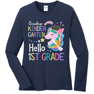 Unicorn Girl Goodbye Kindergarten Hello 1st Grade Graduation Ladies Long Sleeve Shirt