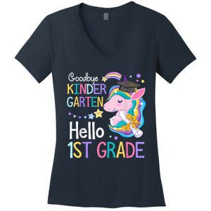 Unicorn Girl Goodbye Kindergarten Hello 1st Grade Graduation Women's V-Neck T-Shirt