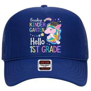 Unicorn Girl Goodbye Kindergarten Hello 1st Grade Graduation High Crown Mesh Back Trucker Hat