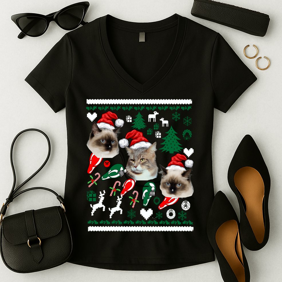 Ugly Cat Christmas Sweatshirt Sweater Women's V-Neck T-Shirt