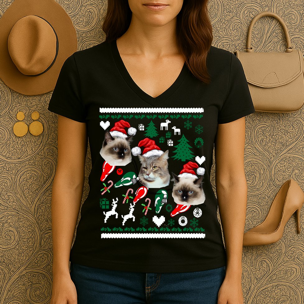 Ugly Cat Christmas Sweatshirt Sweater Women's V-Neck T-Shirt