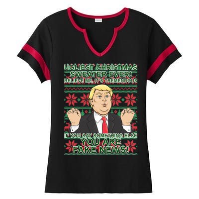 Ugly Christmas Sweater Fake News Trump Ladies Halftime Notch Neck Tee