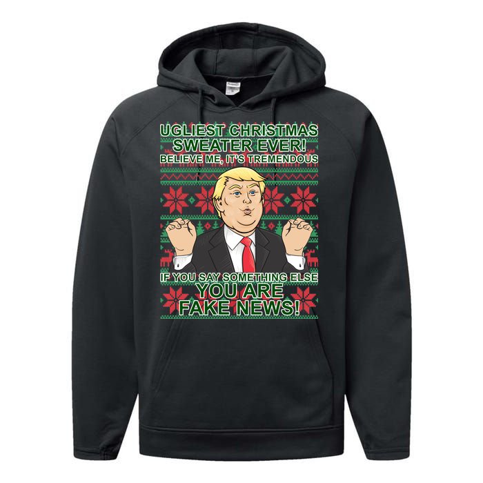 Ugly Christmas Sweater Fake News Trump Performance Fleece Hoodie