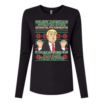 Ugly Christmas Sweater Fake News Trump Womens Cotton Relaxed Long Sleeve T-Shirt