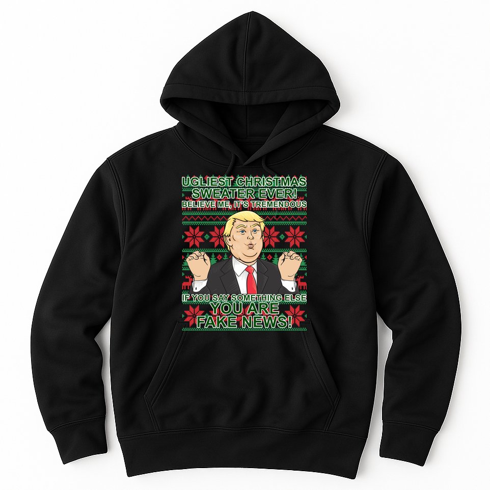Ugly Christmas Sweater Fake News Trump Hoodie