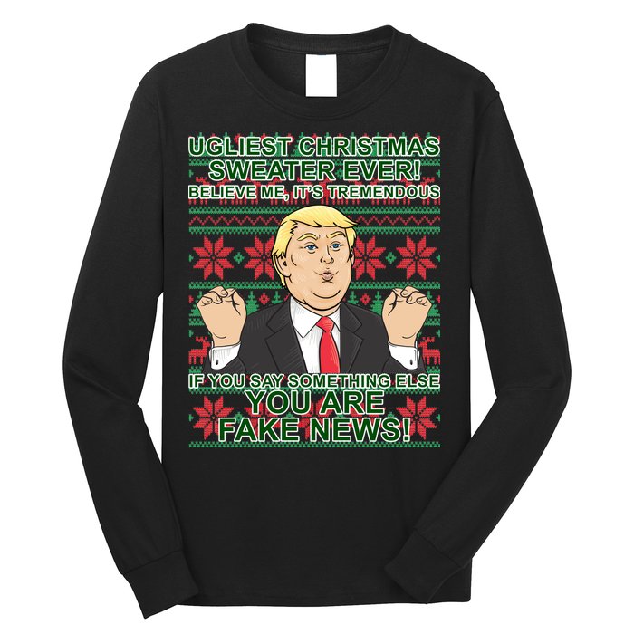 Ugly Christmas Sweater Fake News Trump Long Sleeve Shirt