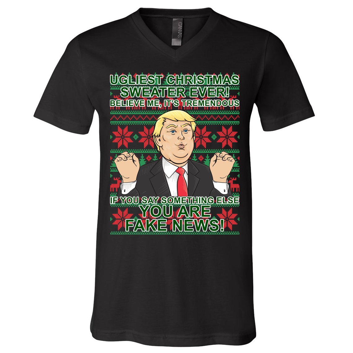 Ugly Christmas Sweater Fake News Trump V-Neck T-Shirt
