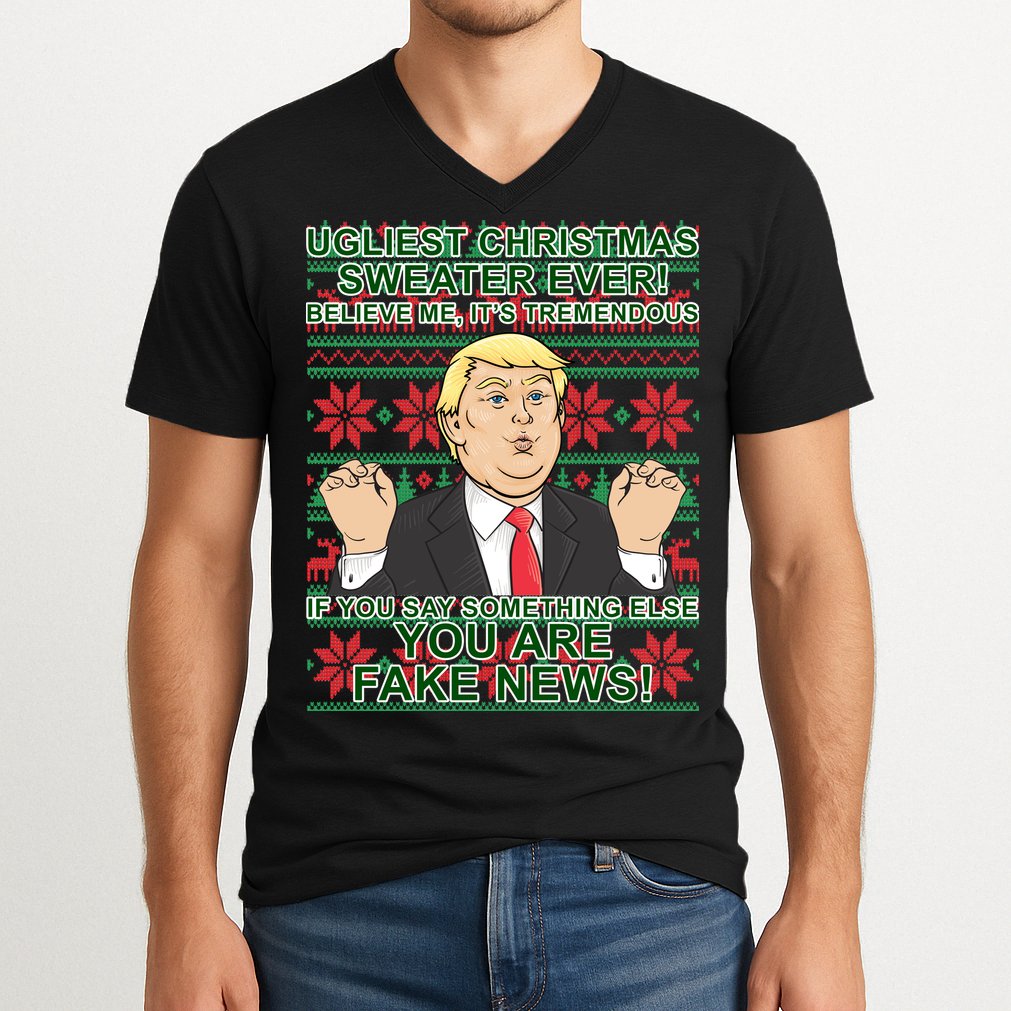 Ugly Christmas Sweater Fake News Trump V-Neck T-Shirt