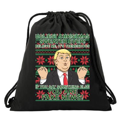 Ugly Christmas Sweater Fake News Trump Drawstring Bag