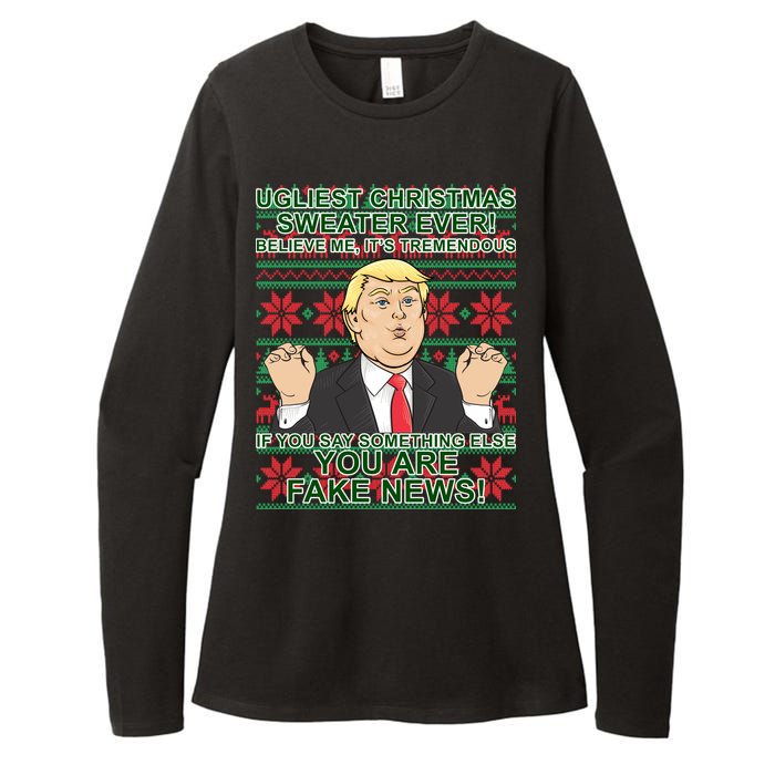 Ugly Christmas Sweater Fake News Trump Womens CVC Long Sleeve Shirt