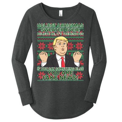 Ugly Christmas Sweater Fake News Trump Women's Perfect Tri Tunic Long Sleeve Shirt