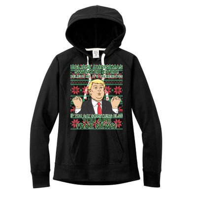 Ugly Christmas Sweater Fake News Trump Women's Fleece Hoodie