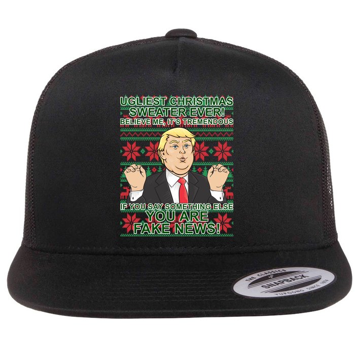 Ugly Christmas Sweater Fake News Trump Flat Bill Trucker Hat