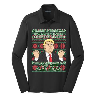 Ugly Christmas Sweater Fake News Trump Silk Touch Performance Long Sleeve Polo