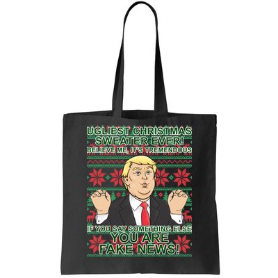 Ugly Christmas Sweater Fake News Trump Tote Bag