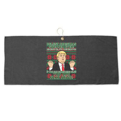 Ugly Christmas Sweater Fake News Trump Large Microfiber Waffle Golf Towel