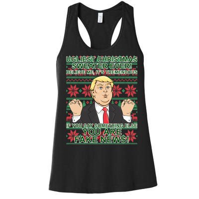 Ugly Christmas Sweater Fake News Trump Women's Racerback Tank