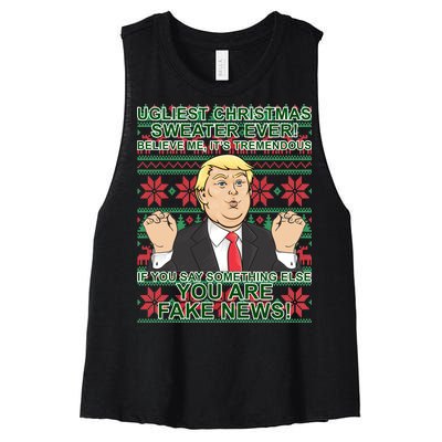 Ugly Christmas Sweater Fake News Trump Women's Racerback Cropped Tank