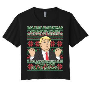 Ugly Christmas Sweater Fake News Trump Women's Crop Top Tee