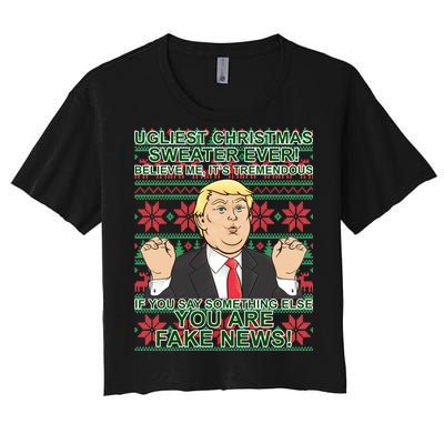 Ugly Christmas Sweater Fake News Trump Women's Crop Top Tee