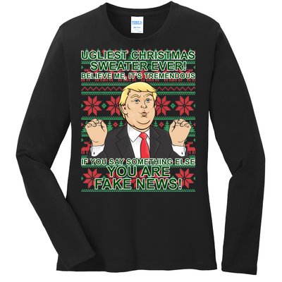 Ugly Christmas Sweater Fake News Trump Ladies Long Sleeve Shirt