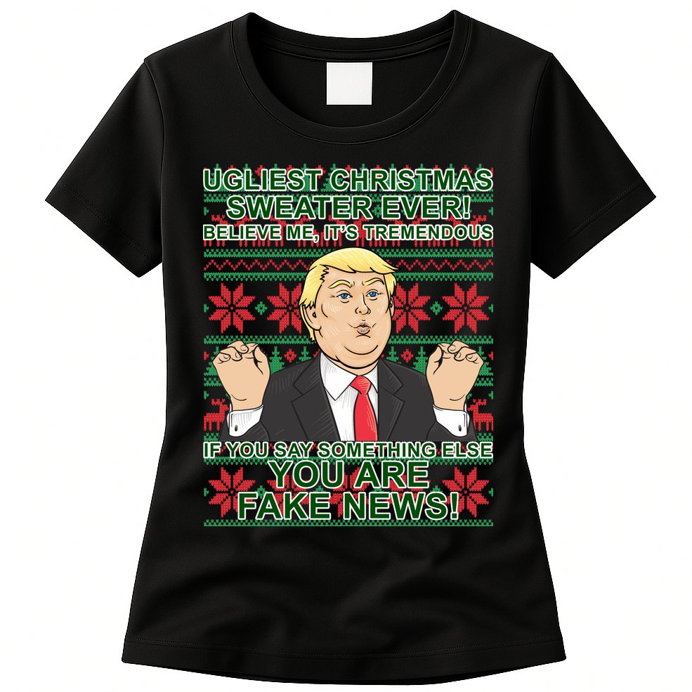 Ugly Christmas Sweater Fake News Trump Womens T-Shirt