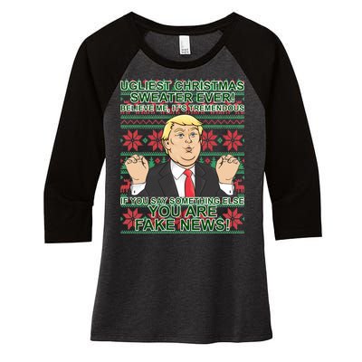 Ugly Christmas Sweater Fake News Trump Women's Tri-Blend 3/4-Sleeve Raglan Shirt