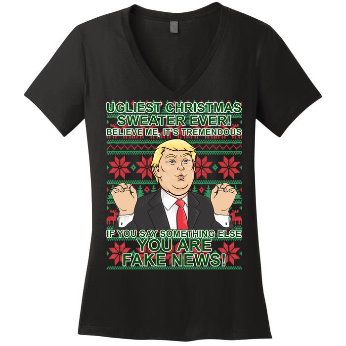 Ugly Christmas Sweater Fake News Trump Women's V-Neck T-Shirt