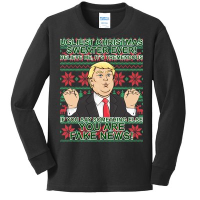 Ugly Christmas Sweater Fake News Trump Kids Long Sleeve Shirt