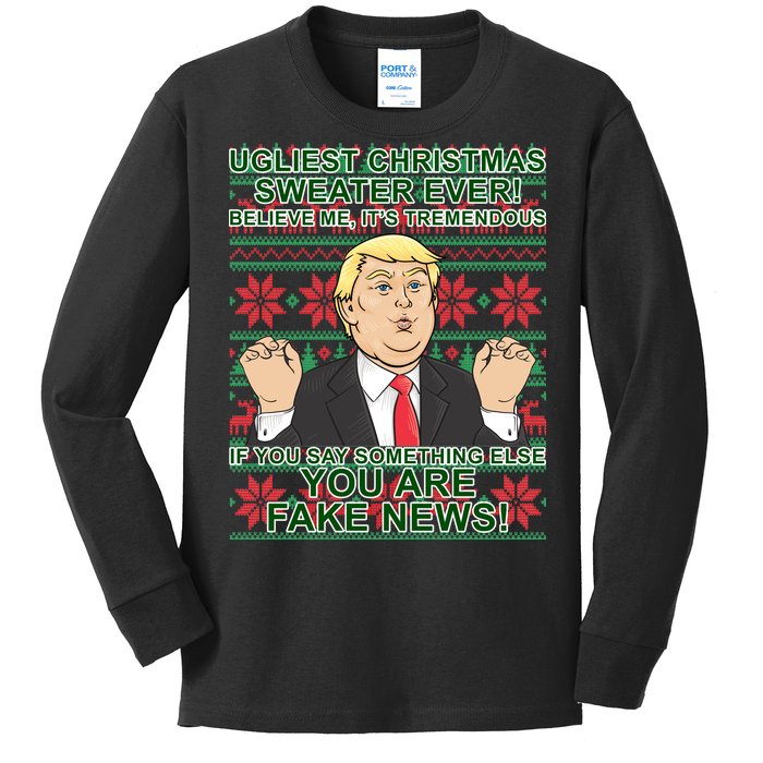 Ugly Christmas Sweater Fake News Trump Kids Long Sleeve Shirt