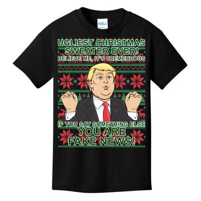 Ugly Christmas Sweater Fake News Trump Kids T-Shirt