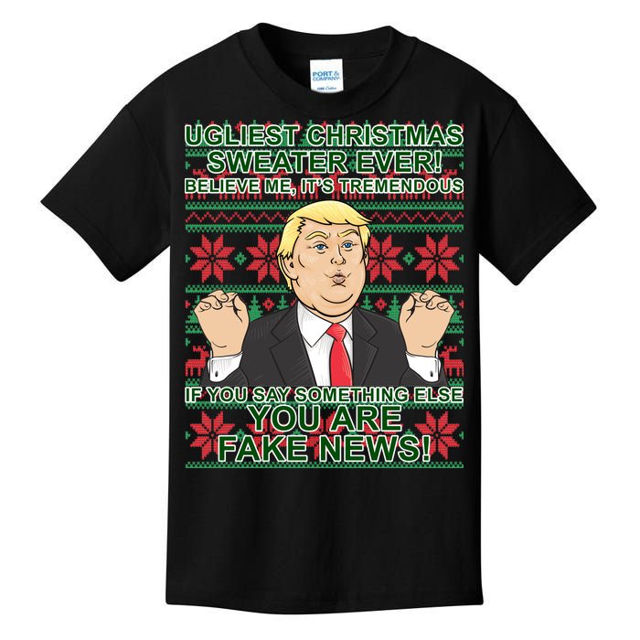 Ugly Christmas Sweater Fake News Trump Kids T-Shirt