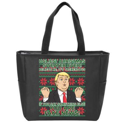 Ugly Christmas Sweater Fake News Trump Zip Tote Bag