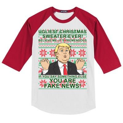 Ugly Christmas Sweater Fake News Trump Kids Colorblock Raglan Jersey