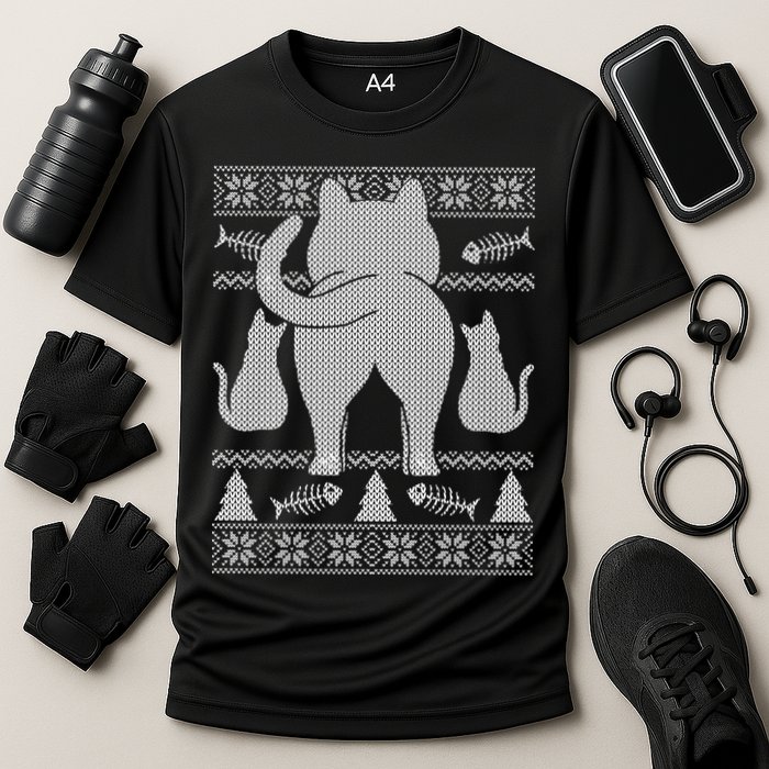Ugly Christmas Sweater Festive Cat Butt Cooling Performance Crew T-Shirt