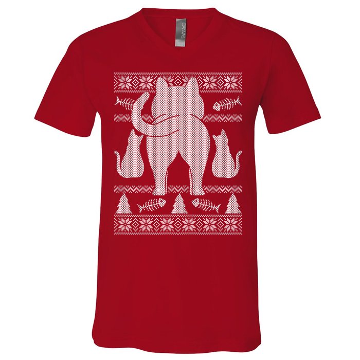 Ugly Christmas Sweater Festive Cat Butt V-Neck T-Shirt