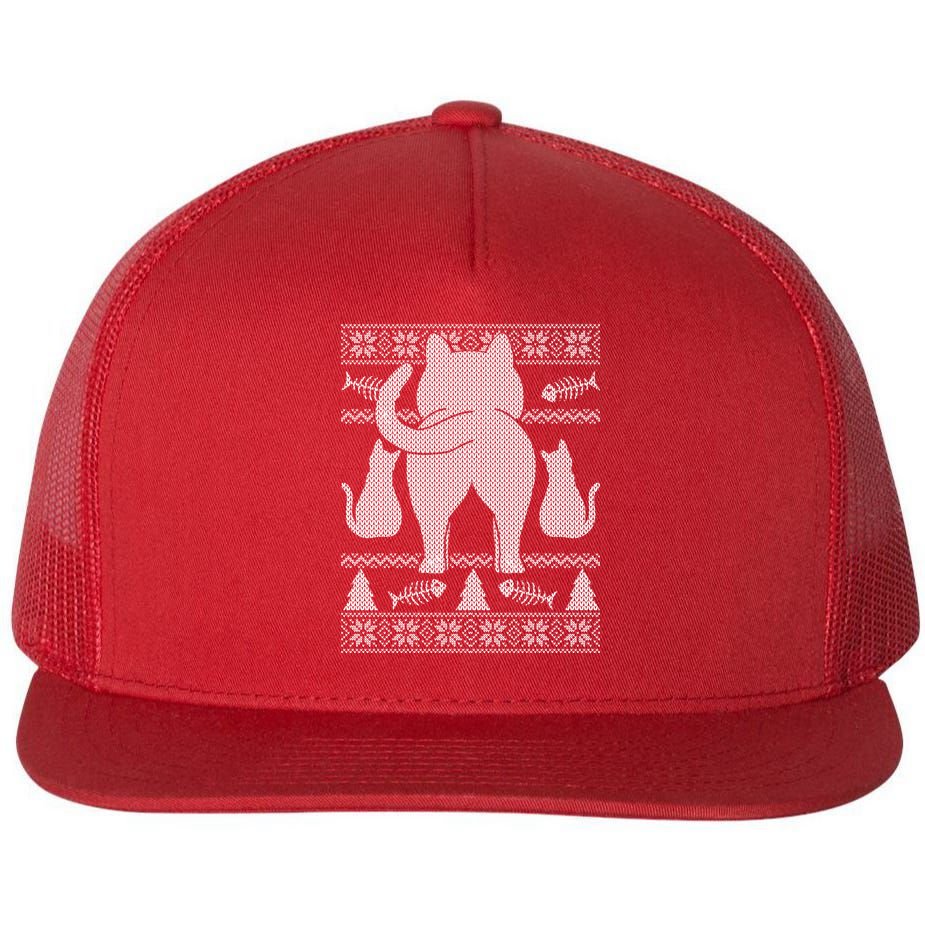 Ugly Christmas Sweater Festive Cat Butt Flat Bill Trucker Hat