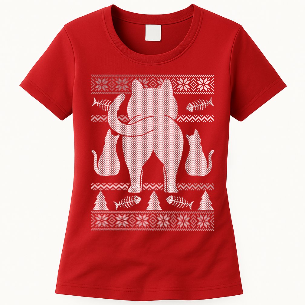 Ugly Christmas Sweater Festive Cat Butt Womens T-Shirt