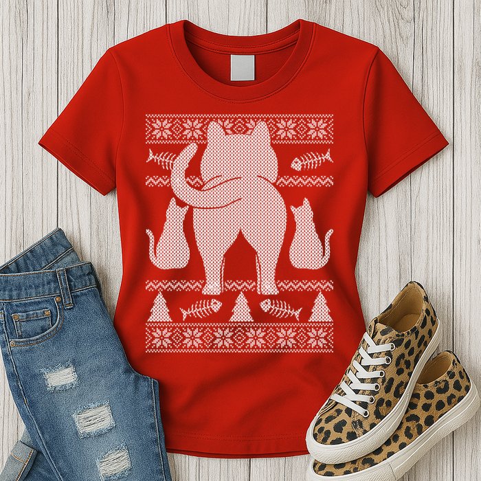 Ugly Christmas Sweater Festive Cat Butt Womens T-Shirt