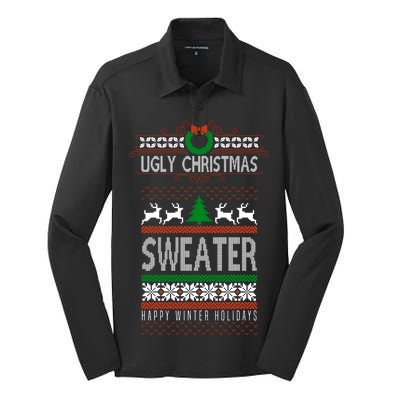 Ugly Christmas Sweater Happy Winter Holidays Silk Touch Performance Long Sleeve Polo