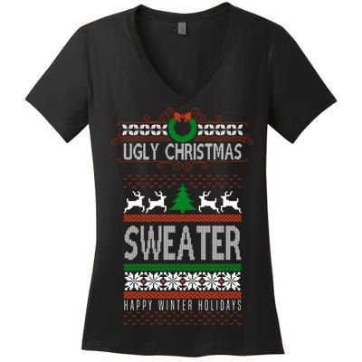 Ugly Christmas Sweater Happy Winter Holidays Women's V-Neck T-Shirt