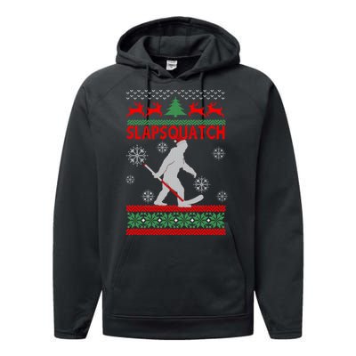 Ugly Christmas Sweater Hockey Sasquatch Performance Fleece Hoodie