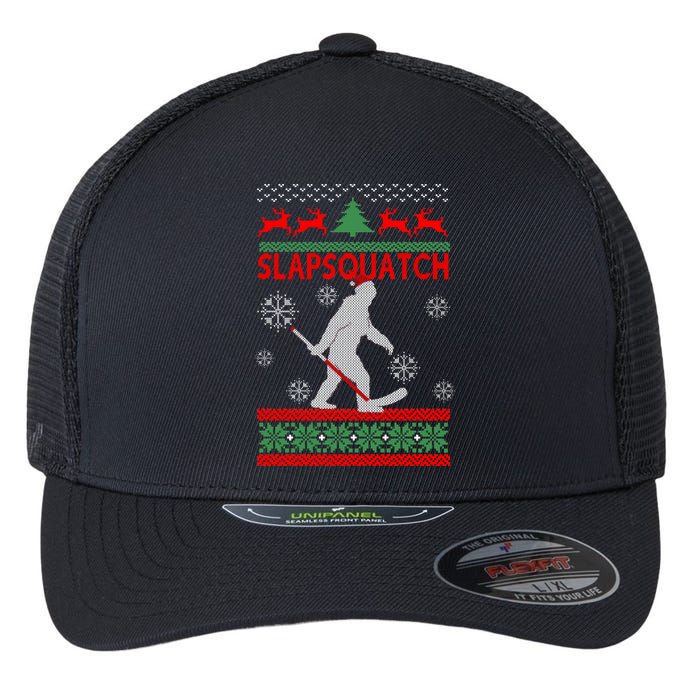 Ugly Christmas Sweater Hockey Sasquatch Flexfit Unipanel Trucker Cap